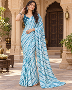 Satin Silk Printed Saree With Unstitched Blouse(Blue)