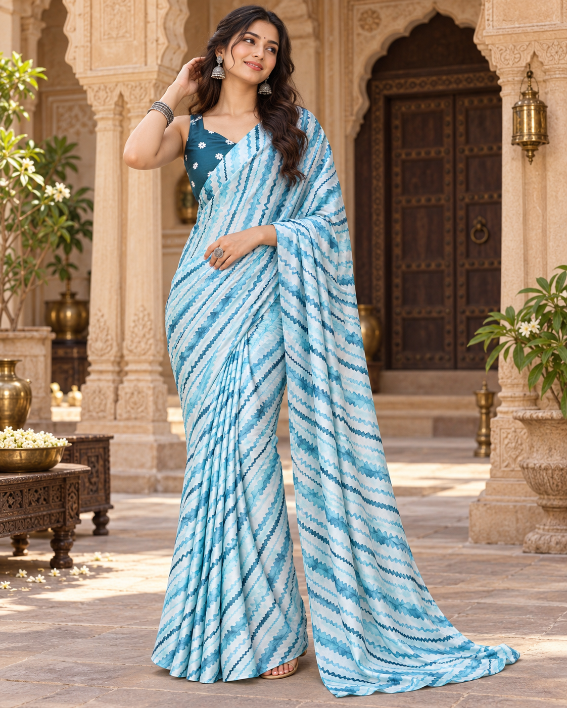 Satin Silk Printed Saree With Unstitched Blouse(Blue)