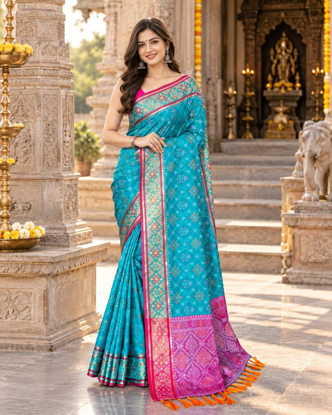 Premium Soft Silk Rangeen Patola Meenakari Rich Pallu Tassels Saree With Unstitched Blouse (Blue)