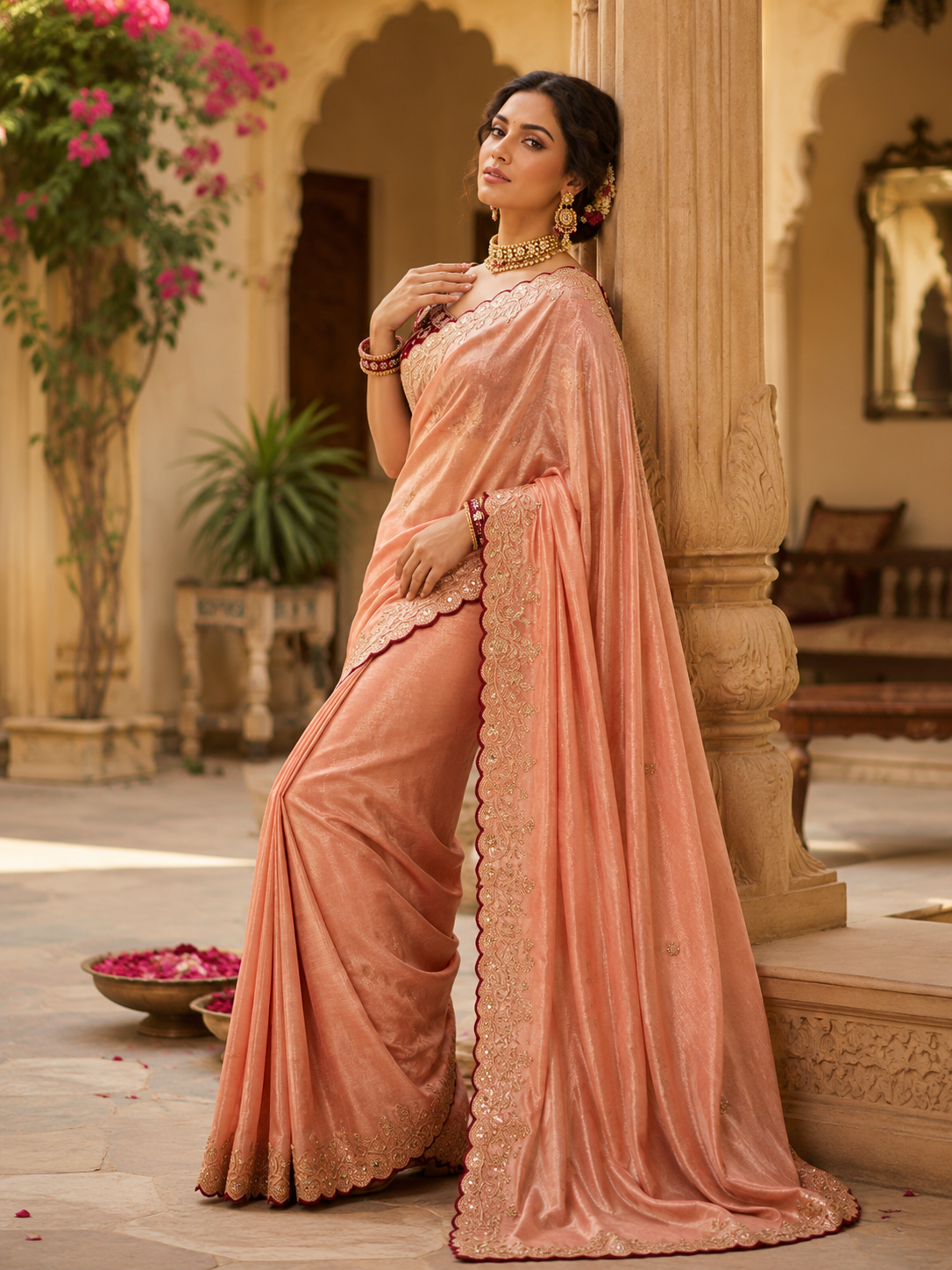 Satin Silk Embroidery Work Saree with Unstitched Blouse(Peach)