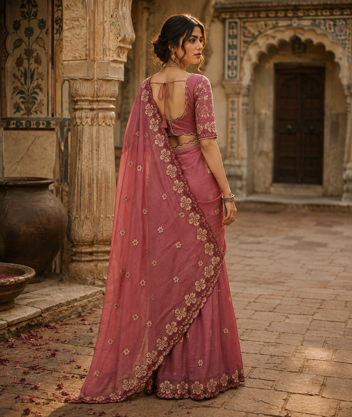 Premium Georgette Heavy Work Saree With Unstitched Blouse(Pink)