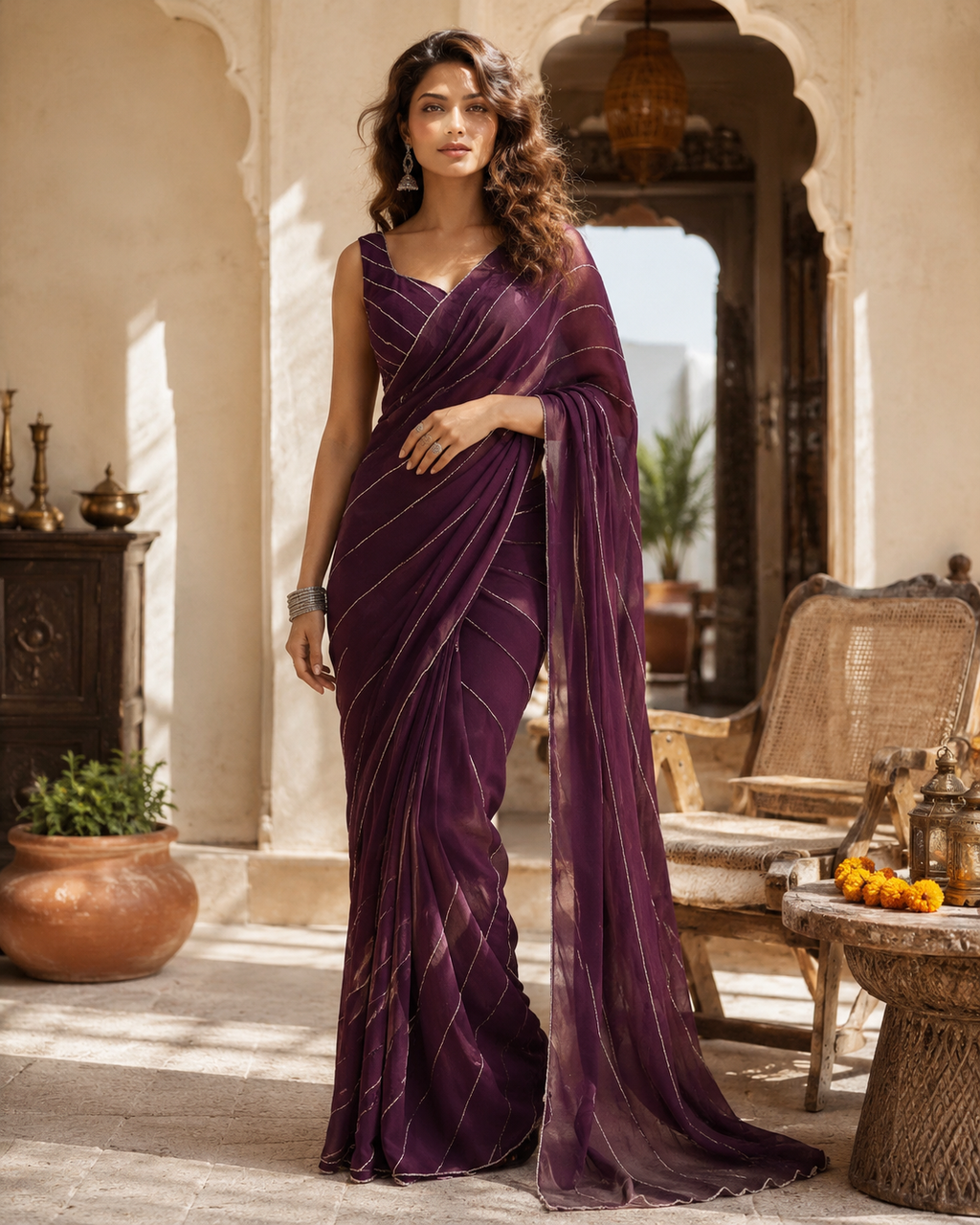 Pure Georgette Handwork Saree With Unstitched Blouse(Wine)