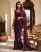 Pure Georgette Handwork Saree With Unstitched Blouse(Wine)