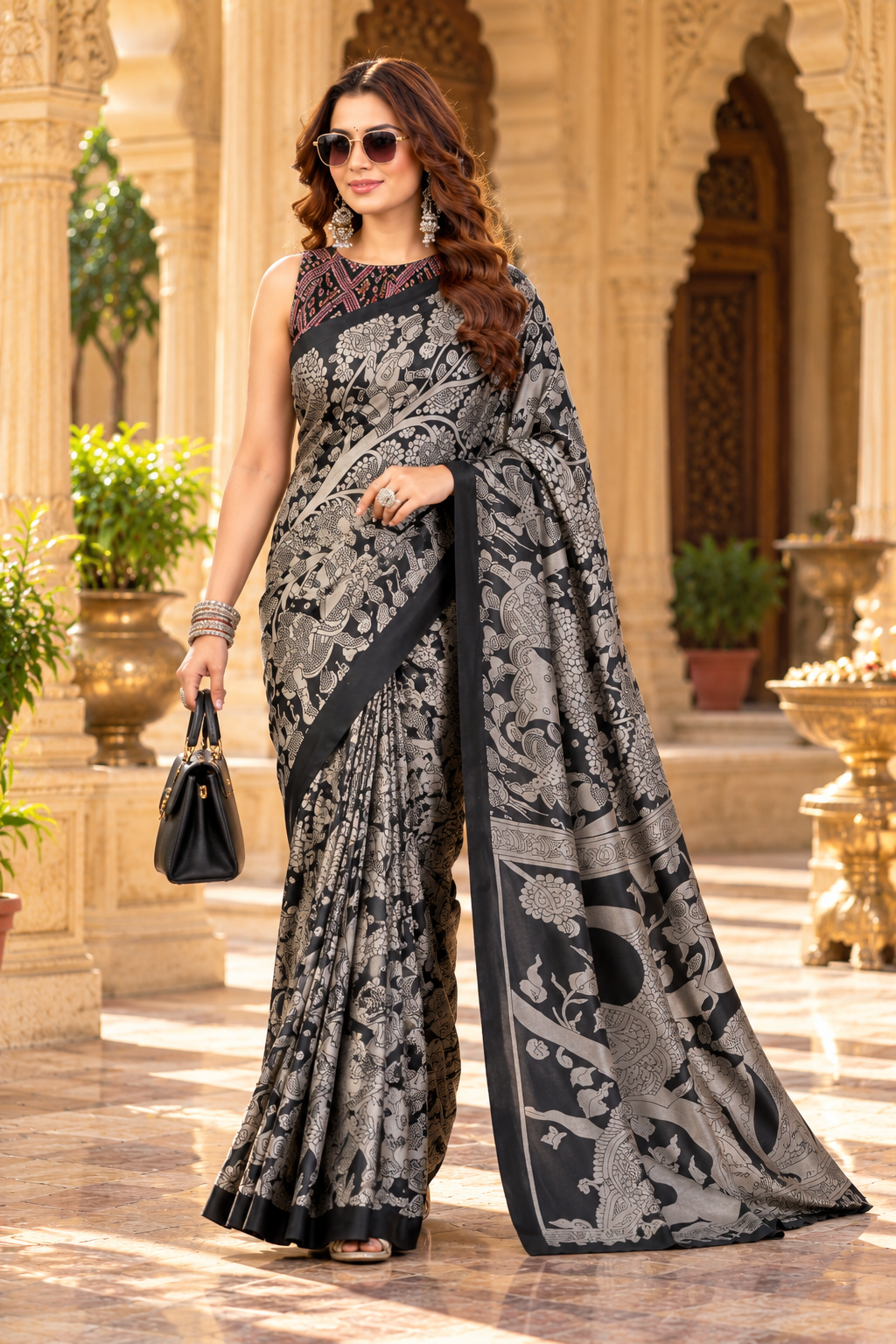 Premium Tussar Silk kalamkari Print Saree With Unstitched Blouse(Black)