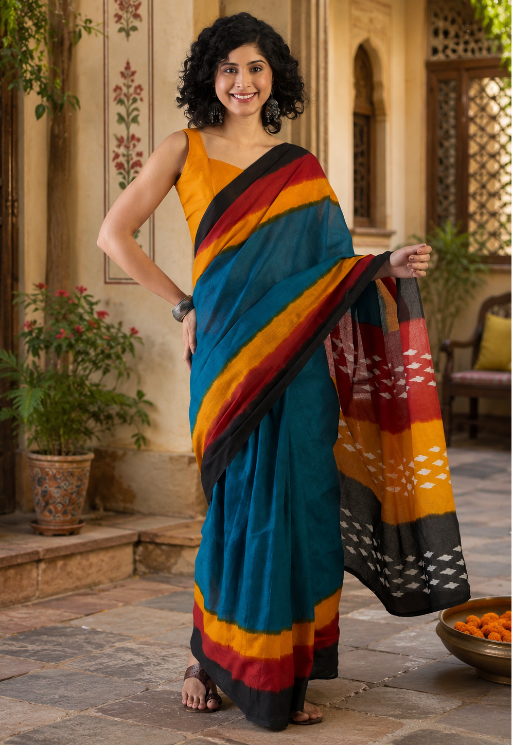 Mulmul Cotton Printed Pocket Saree With Unstitched Blouse(Blue)