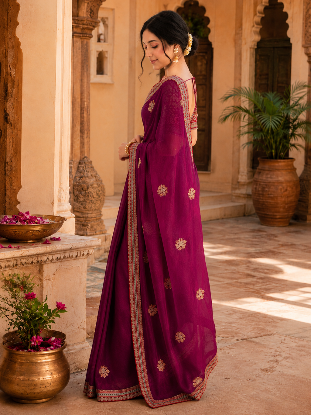 Satin Embroidery Work Saree With Unstitched Blouse(Wine)