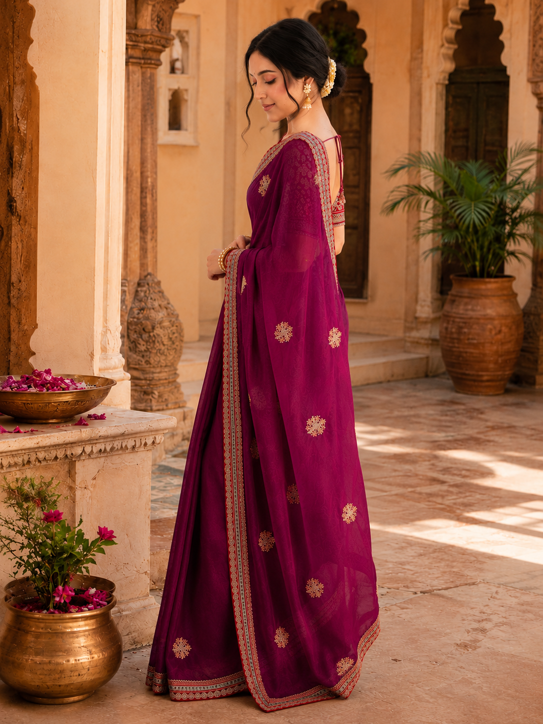 Satin Embroidery Work Saree With Unstitched Blouse(Wine)