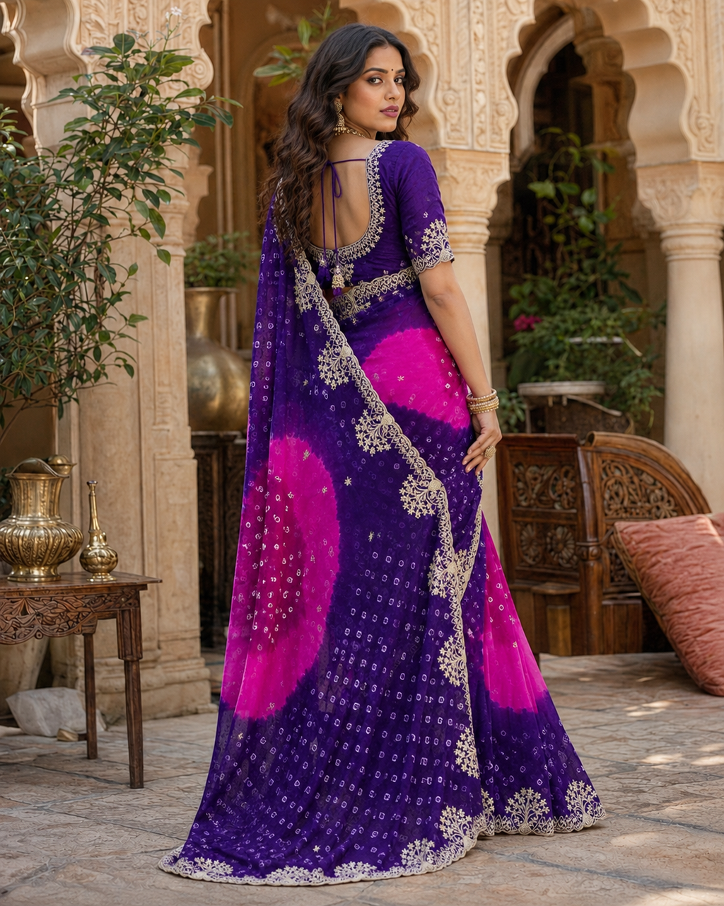 Georgette Bandhani Print Saree With Unstitched Blouse(Purple)