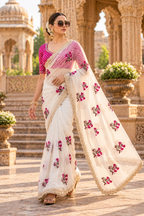 Premium Georgette Embroidery Work Saree With Unstitched Blouse(White)