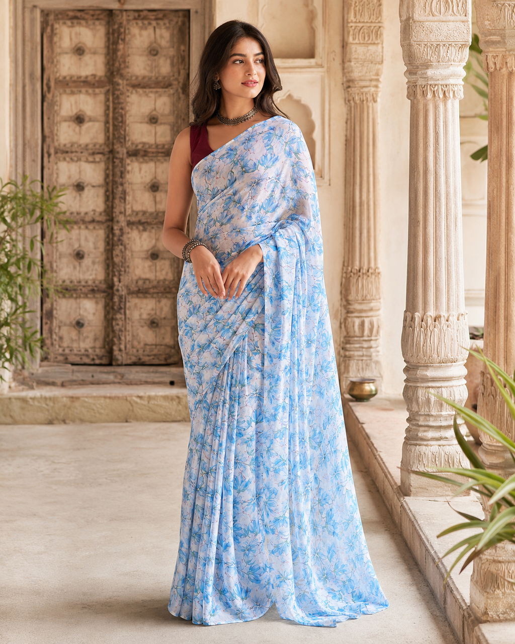 Satin Silk Printed Saree With Unstitched Blouse(Sky)