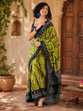 Mulmul Cotton Printed Pocket Saree With Unstitched Blouse(Green)