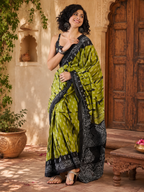 Mulmul Cotton Printed Pocket Saree With Unstitched Blouse(Green)