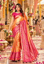 Soft Banarasi Tissue Silk Saree With Unstitched Blouse(Orange)