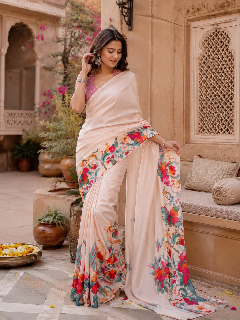 Satin Silk Printed Saree With Unstitched Blouse(Cream)