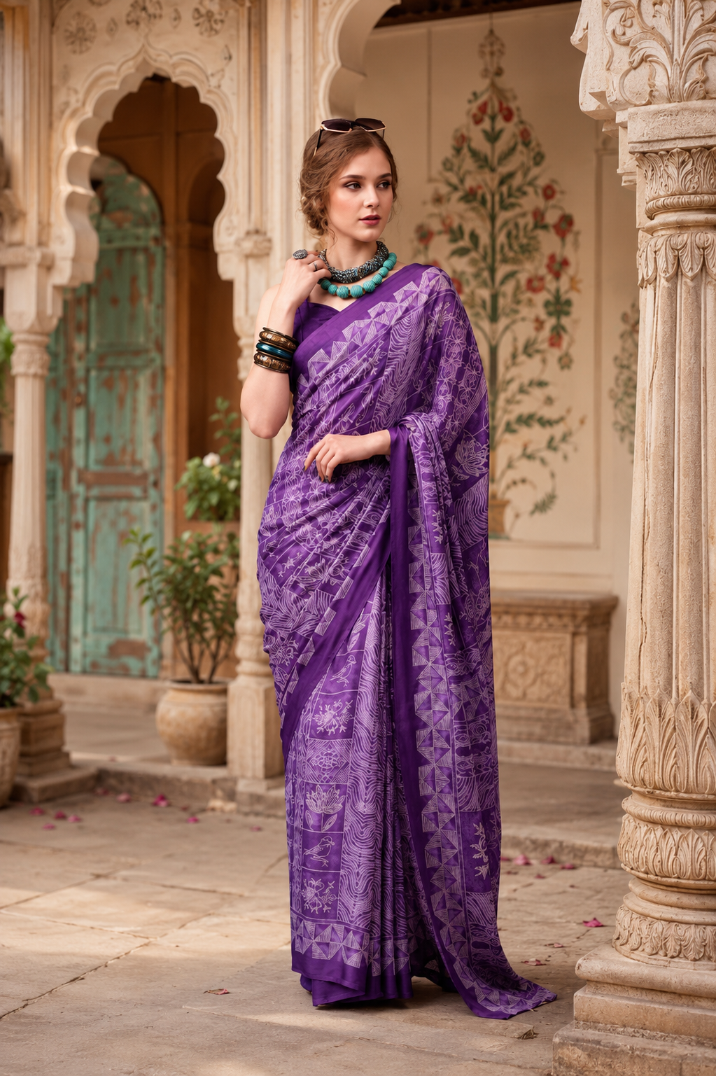 Satin Silk Designer Saree With Unstitched Blouse(Purple)
