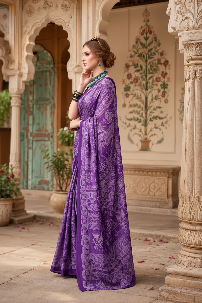 Satin Silk Designer Saree With Unstitched Blouse(Purple)