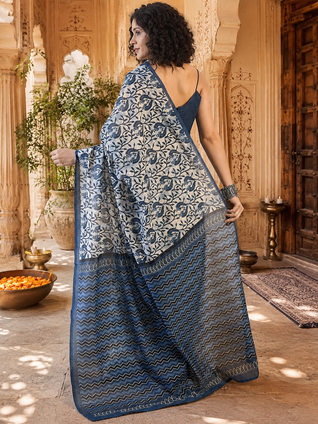 Cotton Printed Saree With Unstitched Blouse(Blue)