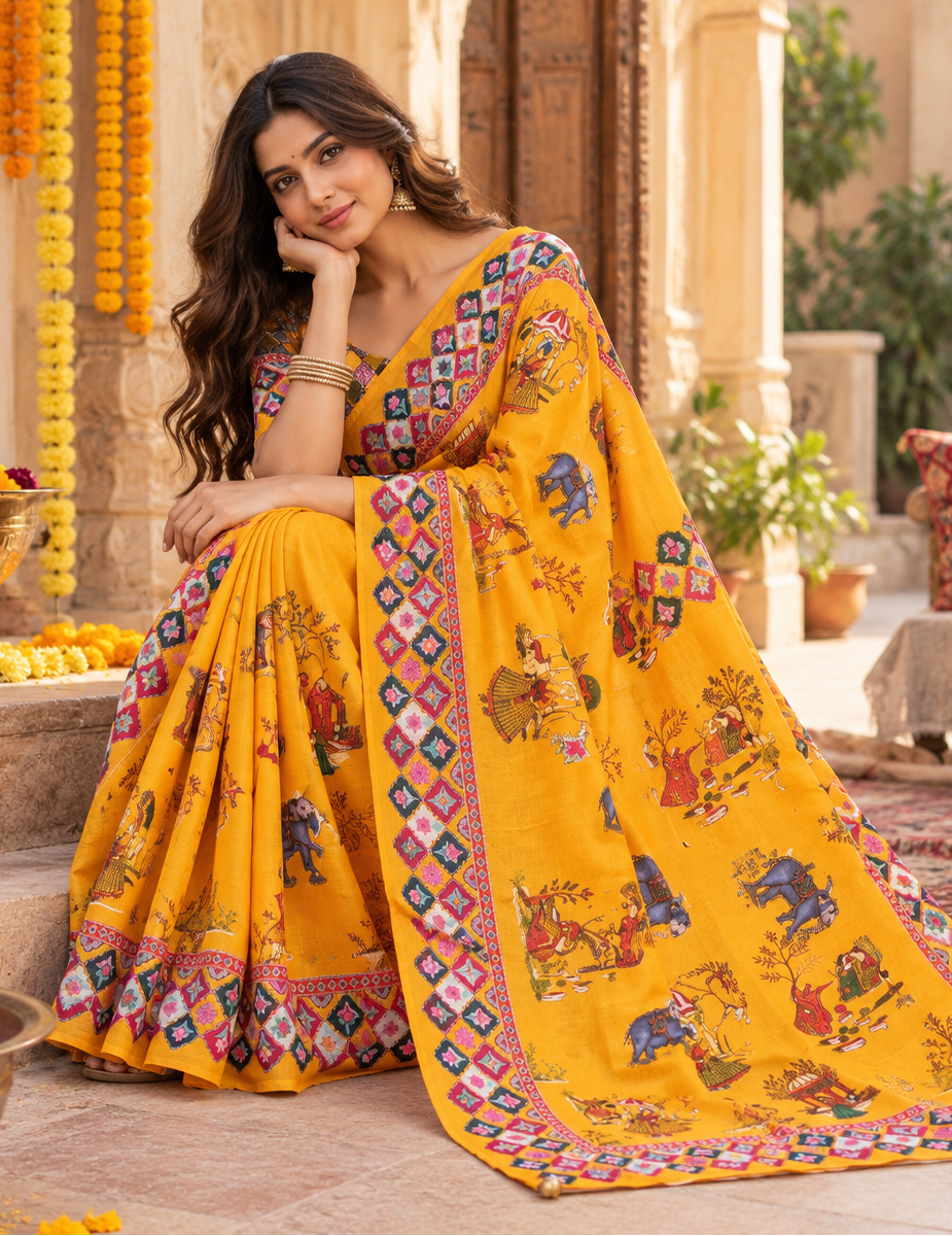 Satin Silk Pichwai Print Saree With Unstitched Blouse(Yellow)