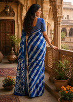Mulmul Cotton Batik Hand Block Printed Saree With Unstitched Blouse(Blue)