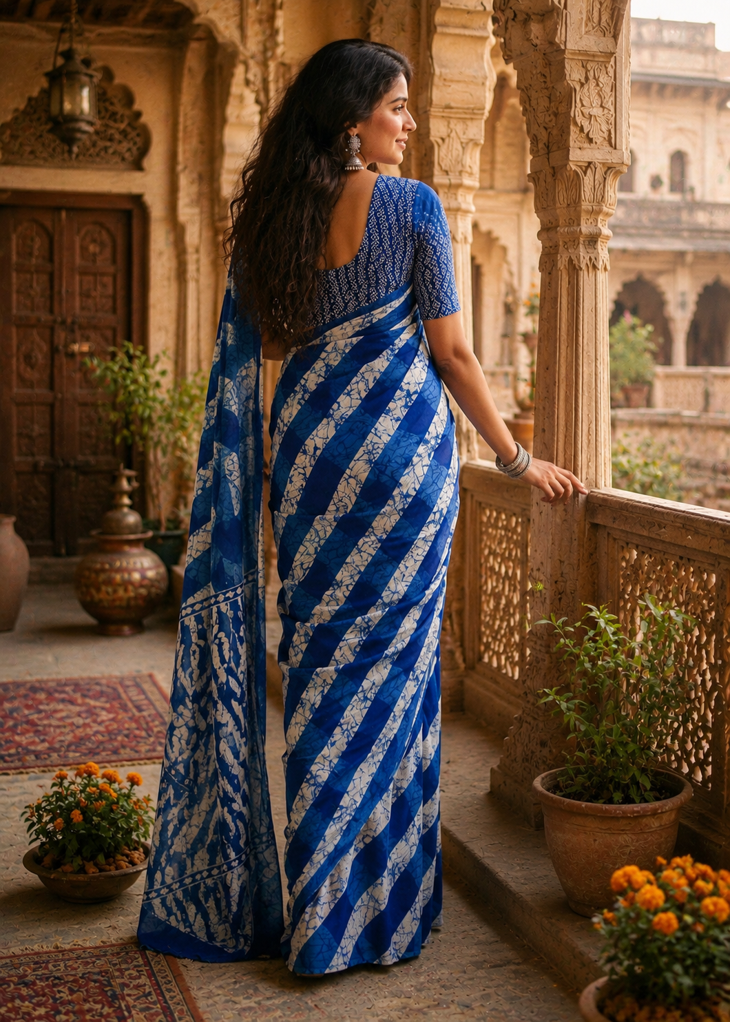 Mulmul Cotton Batik Hand Block Printed Saree With Unstitched Blouse(Blue)