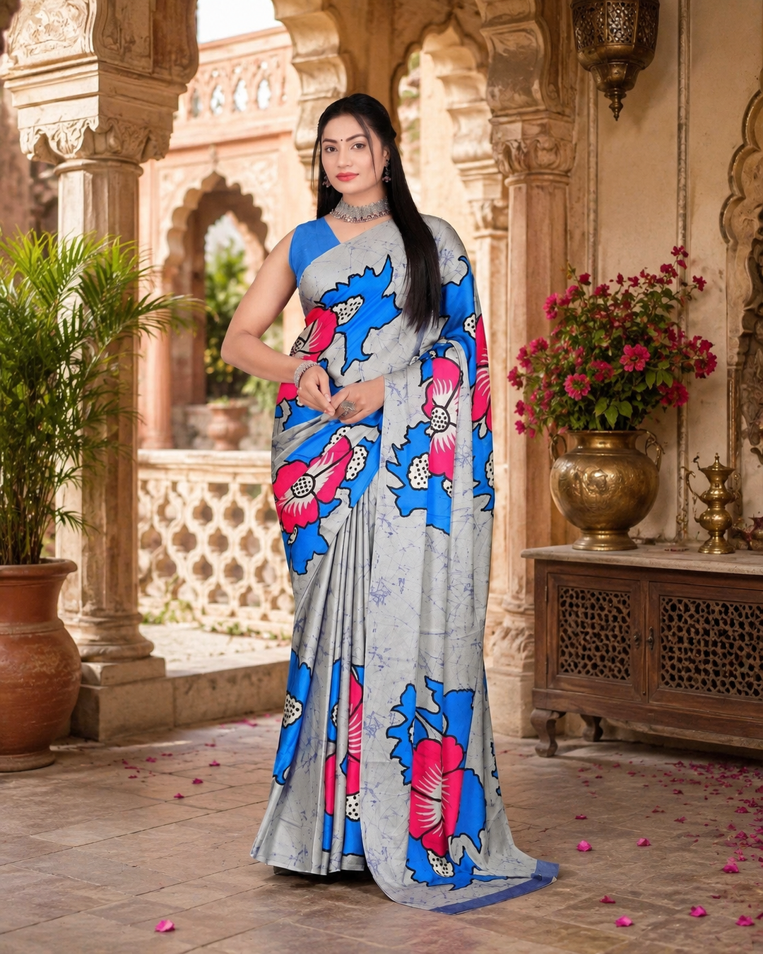 Satin Silk Printed Saree With Unstitched Blouse(Blue)