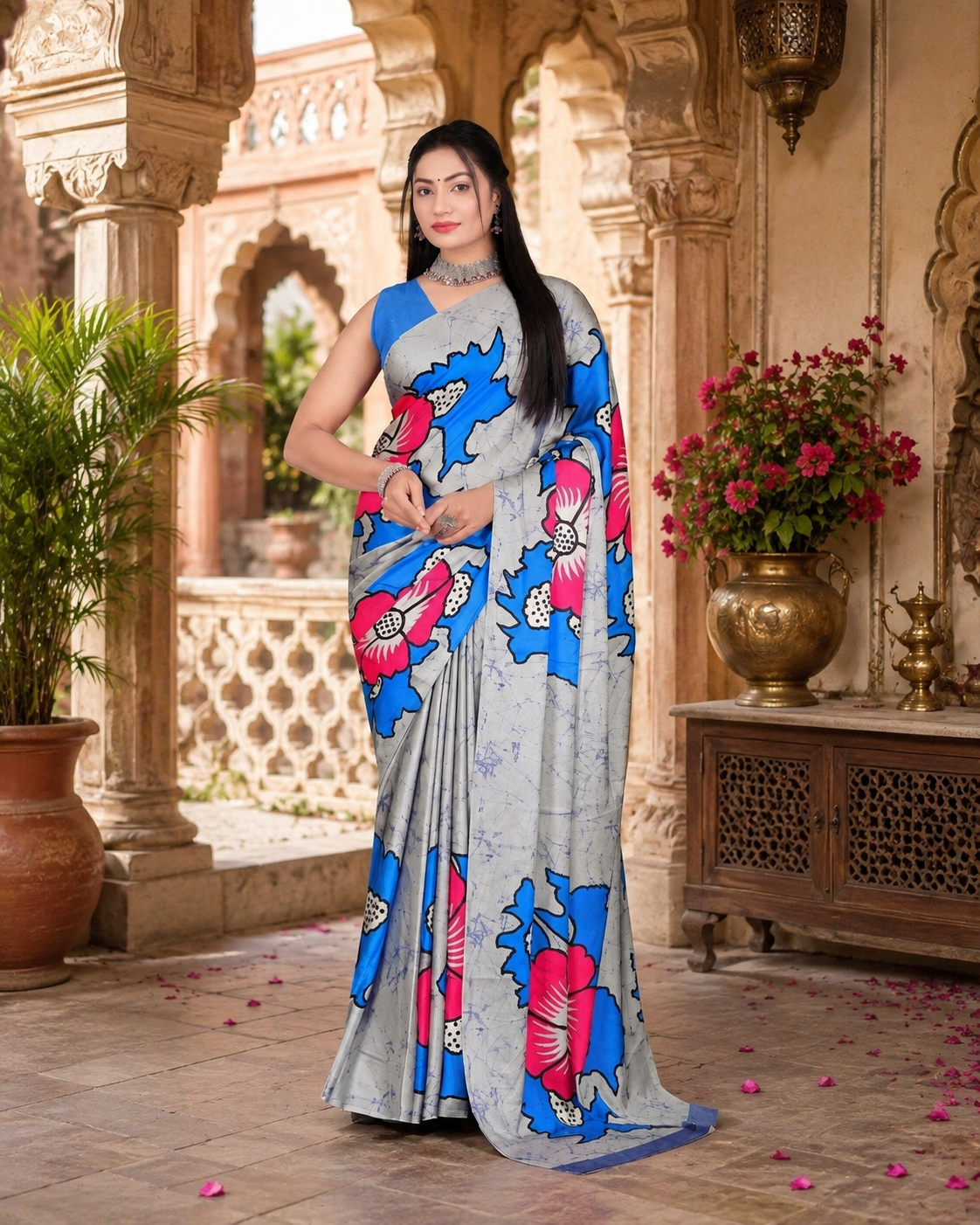 Satin Silk Printed Saree With Unstitched Blouse(Blue)