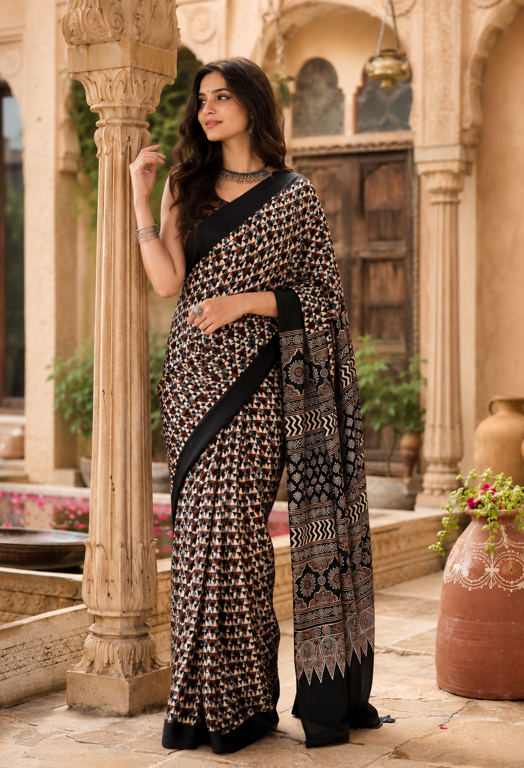 Satin Silk Mill Printed saree With Unstitched Blouse(Black)