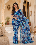 Georgette Floral Printed Saree With Unstitched Blouse(Blue)