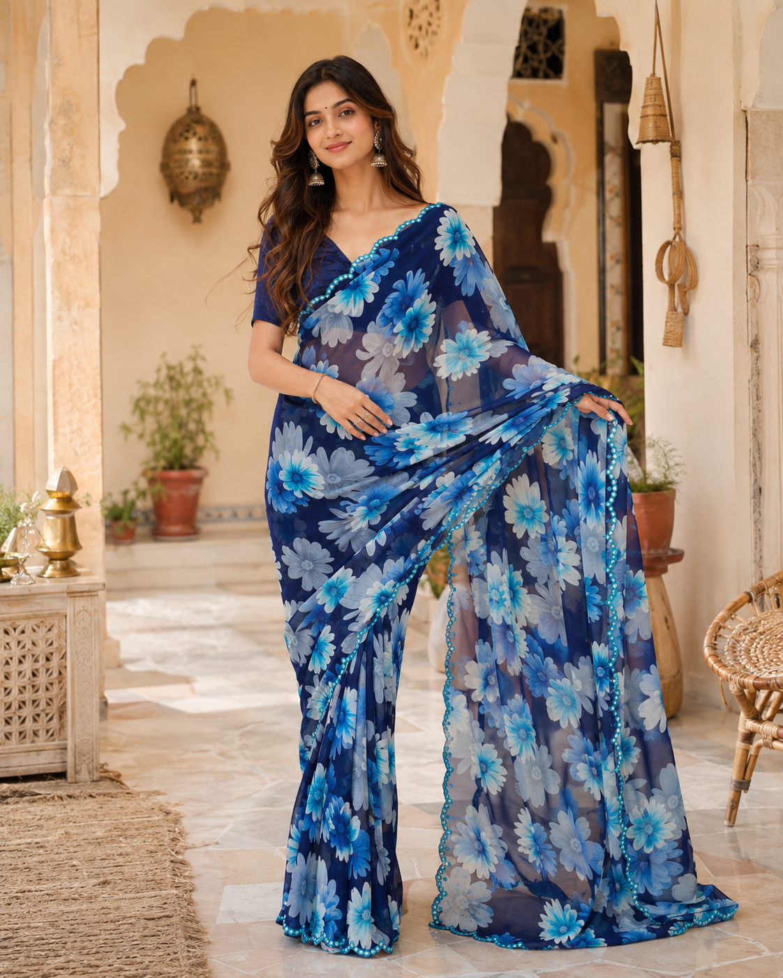 Georgette Floral Printed Saree With Unstitched Blouse(Blue)