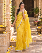 Premium Satin Silk Embroidery Mirror Work Saree With Unstitched Blouse(Yellow)