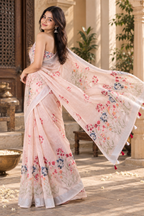 Linen Silver Zari Border Fumka Latakan Saree With Zari Border Unstitched Blouse (Cream)