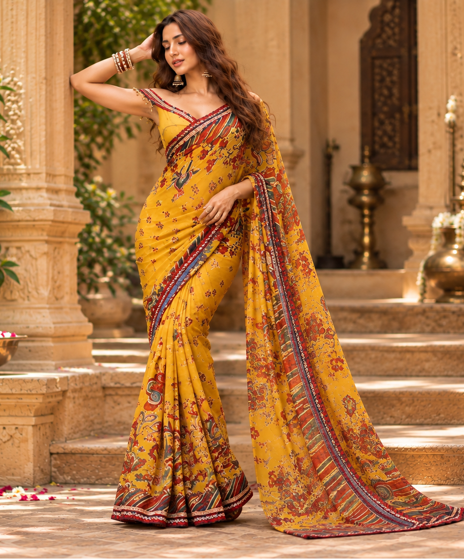 Premium Georgette Lace Border Saree With Unstitched Blouse(Yellow)