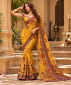 Premium Georgette Lace Border Saree With Unstitched Blouse(Yellow)