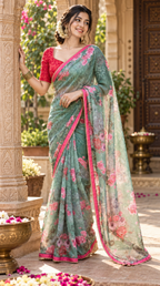 Georgette Digital Printed Saree With Unstitched Blouse(Green)
