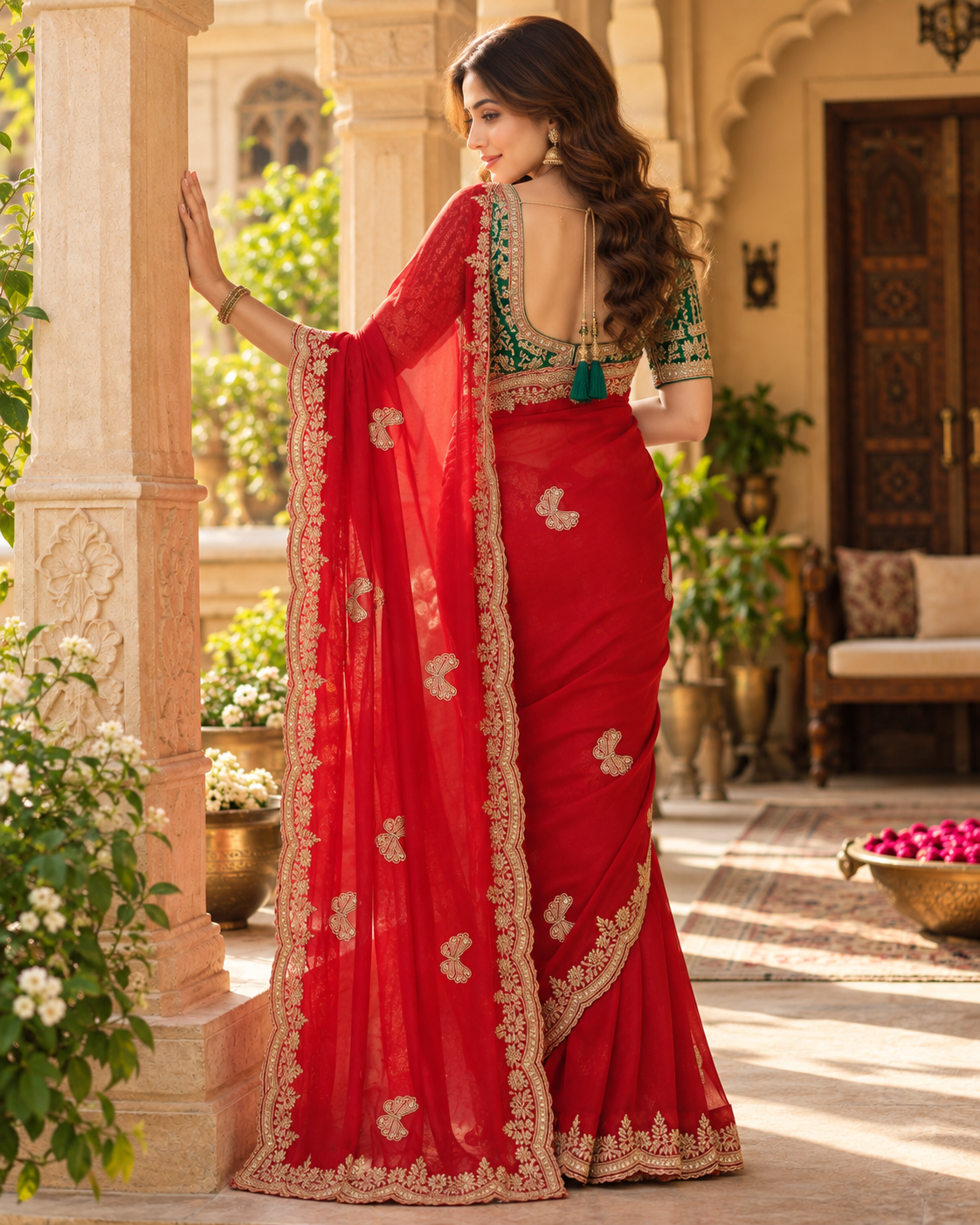 Premium Satin Silk Sequins Zari Work Saree With Blouse(Red)