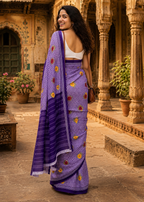 Soft Pure Mulmul Cotton Printed Saree With Unstitched Blouse(Purple)