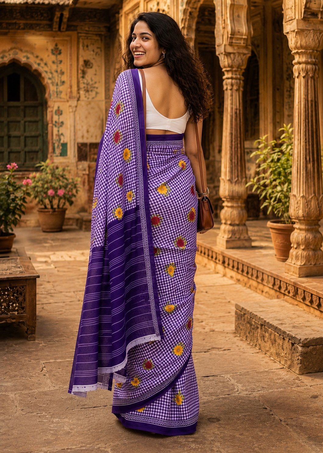 Soft Pure Mulmul Cotton Printed Saree With Unstitched Blouse(Purple)