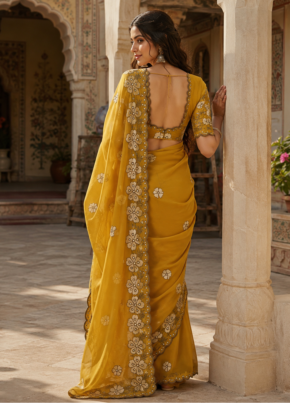 Premium Georgette Heavy Work Saree With Unstitched Blouse(Yellow)