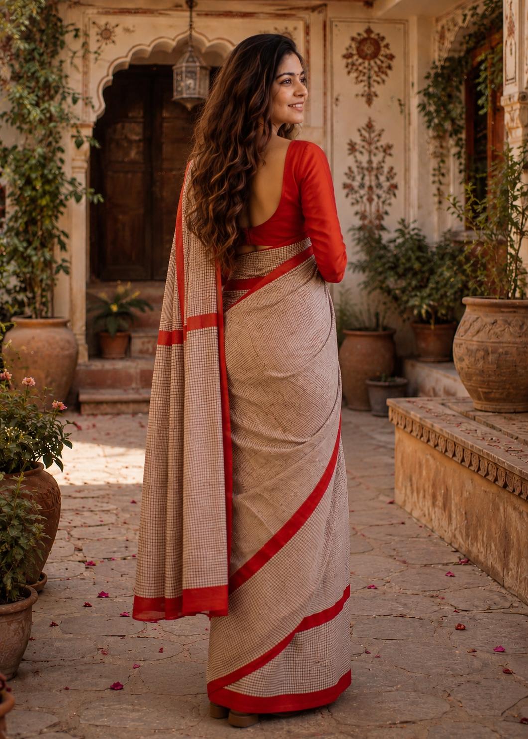 Mulmul Cotton Block Printed Saree With Unstitched Blouse(Red)