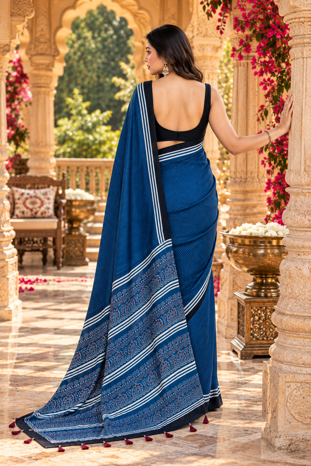 Pure Satin Silk Ajrakh Print saree With Unstitched Blouse(Blue)
