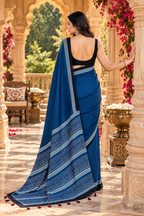 Pure Satin Silk Ajrakh Print saree With Unstitched Blouse(Blue)