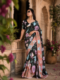 Georgette Satin Floral Print Saree With Unstitched Blouse(Peach)