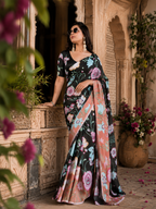 Georgette Satin Floral Print Saree With Unstitched Blouse(Peach)