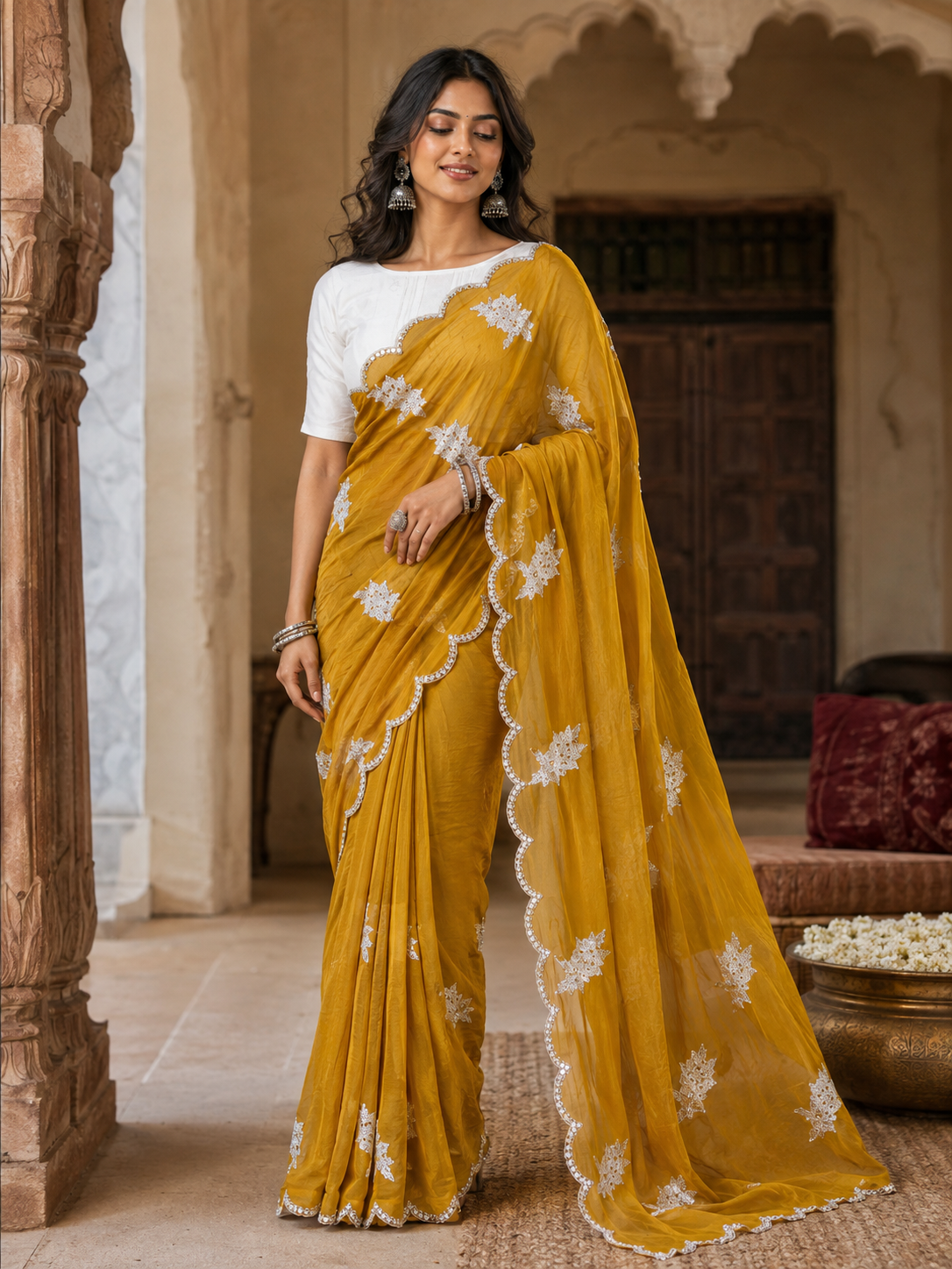 Rangoli Silk Sequins Work Saree With Unstitched Blouse(Mustard)