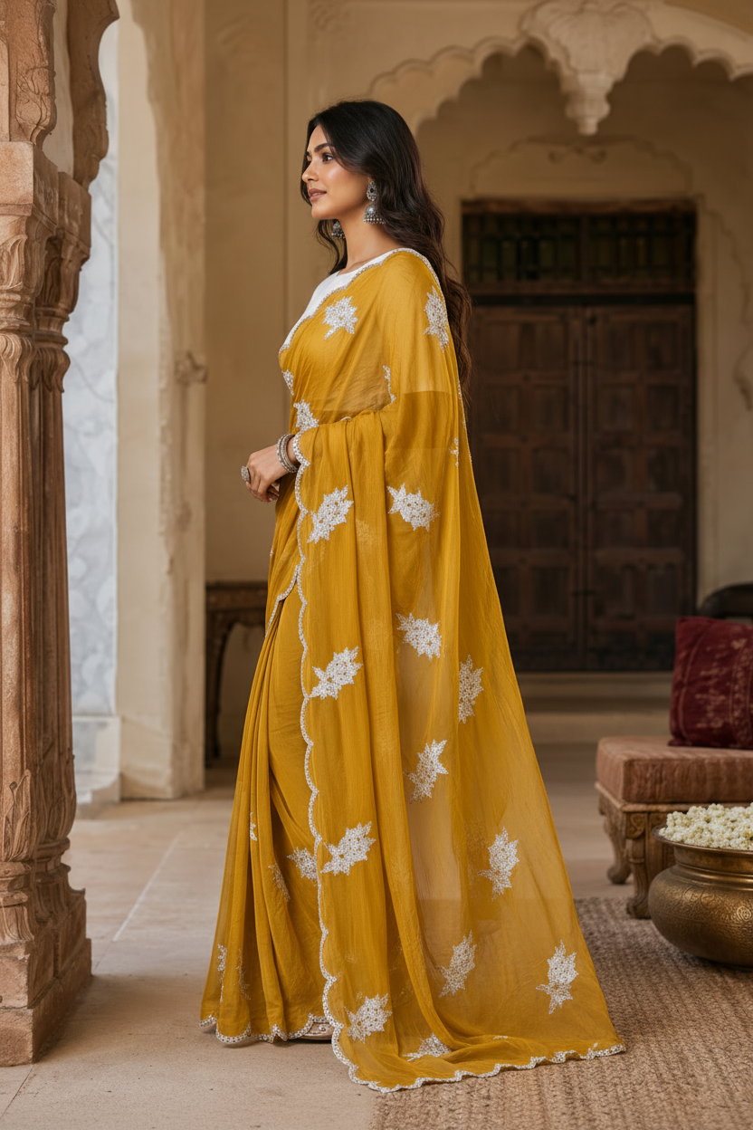 Rangoli Silk Sequins Work Saree With Unstitched Blouse(Mustard)