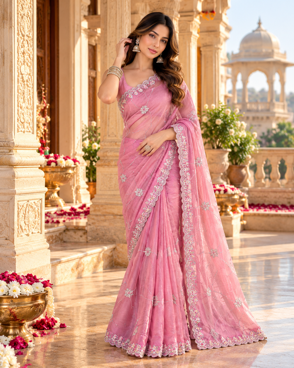 Pure Space Silk Embroidery Work Saree With Unstitched Blouse(Pink)
