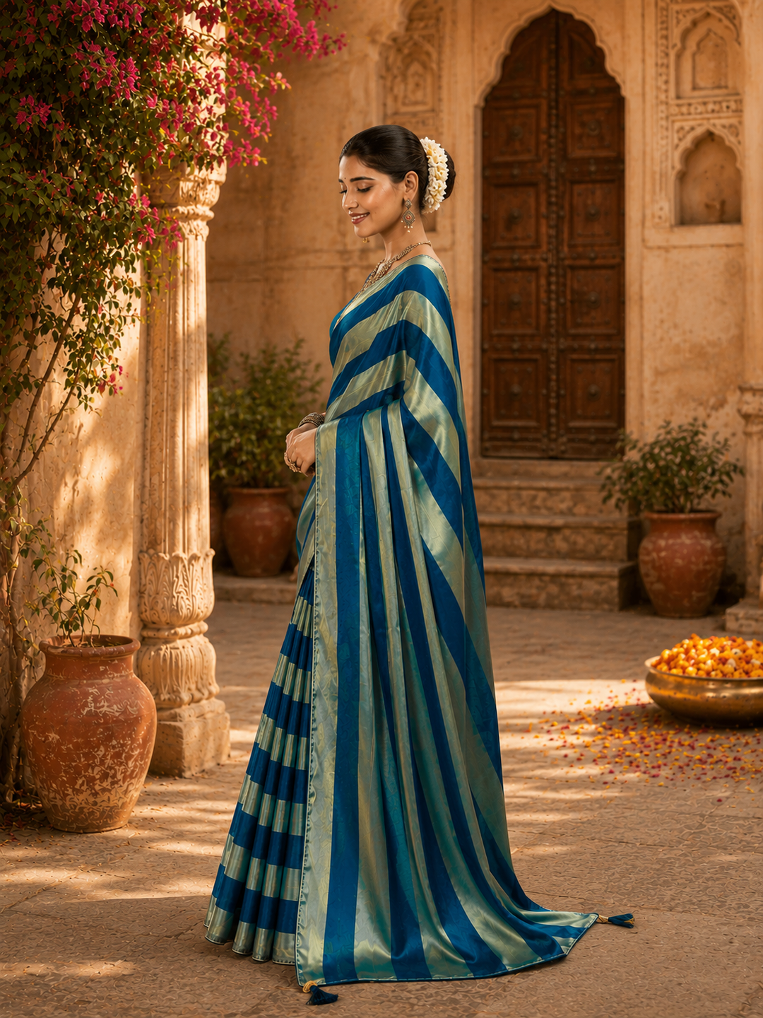Satin Silk Saree With Unstitched Blouse(Blue)