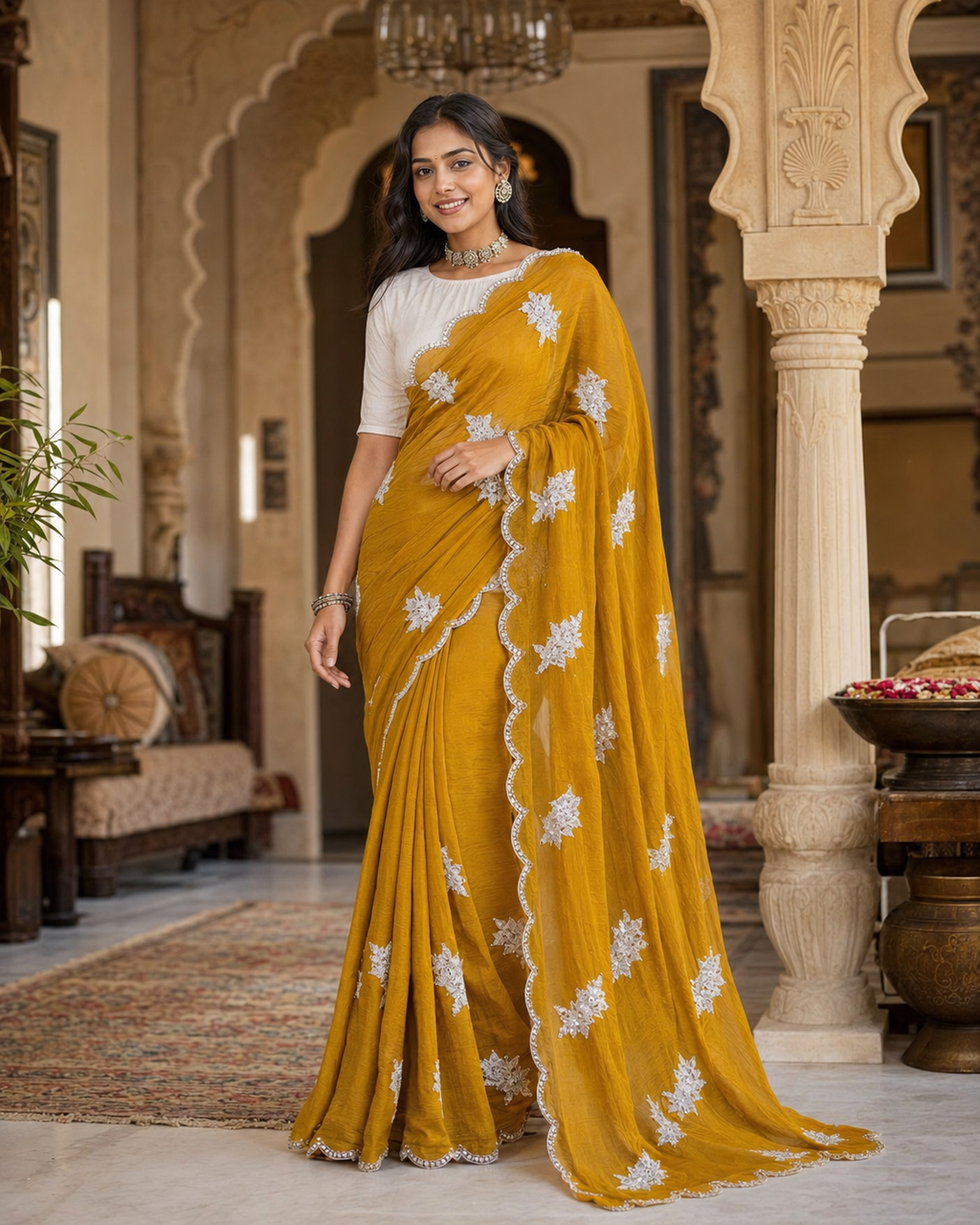 Rangoli Silk Sequins Work Saree With Unstitched Blouse(Mustard)