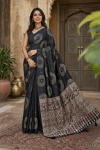 Satin Silk Heavy Mirror Work Saree With Unstitched Blouse (Black)