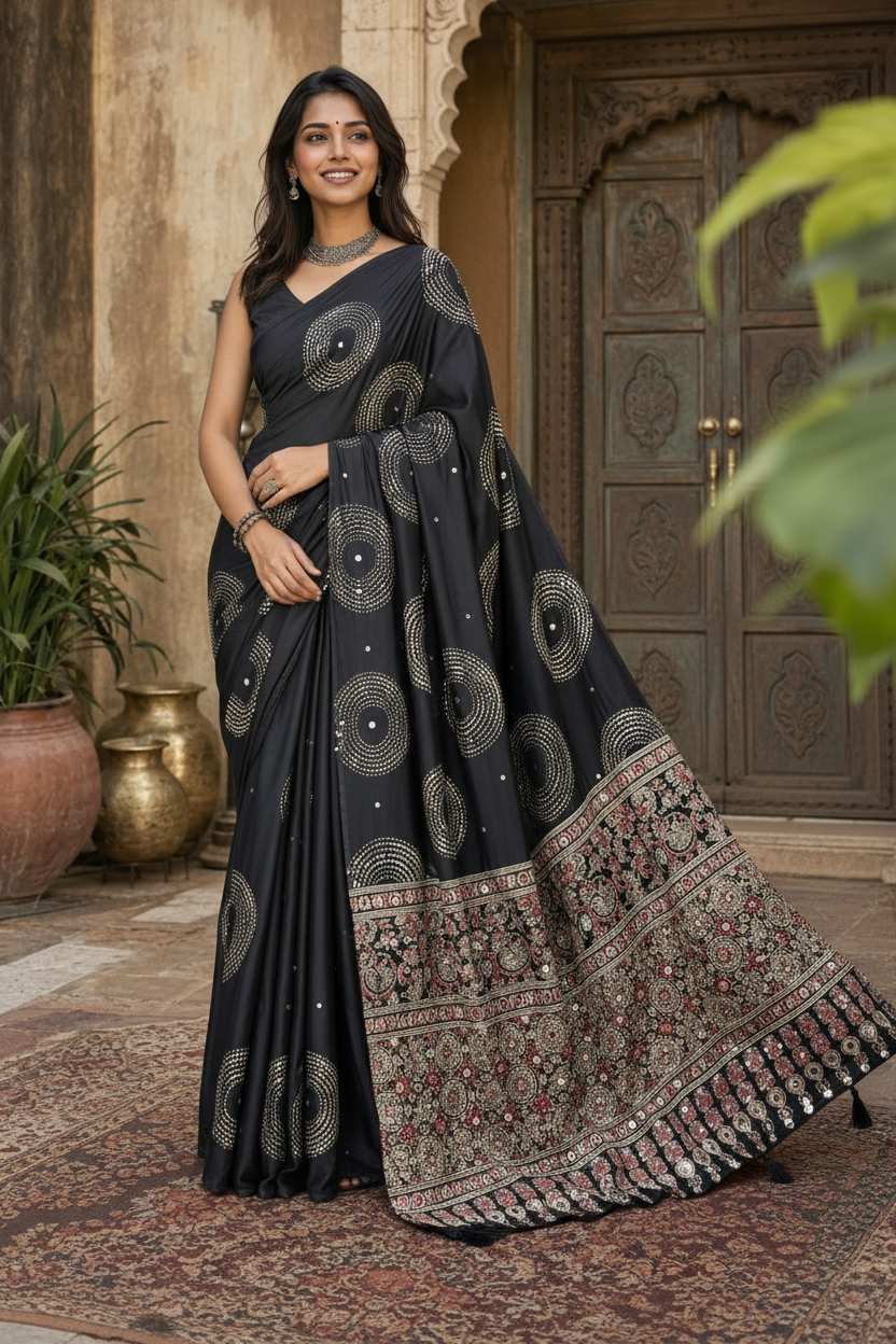 Satin Silk Heavy Mirror Work Saree With Unstitched Blouse (Black)